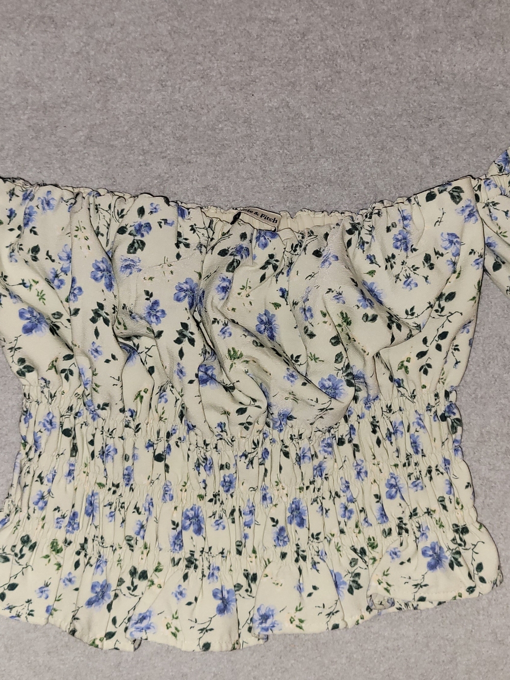 Abercrombie & Fitch Cream Floral Smocked Off-Shoulder Top with Blue Flowers